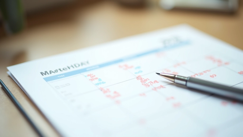 Calendar marked with daily expense entries, different colored dots showing frequency patterns