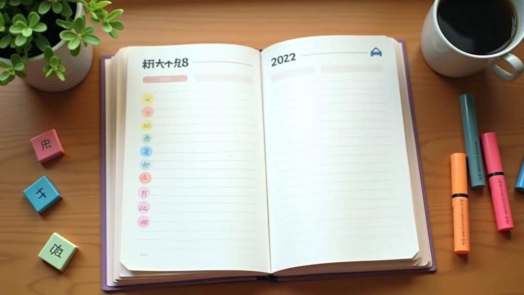 Notebook open with expense categories written out, colored pens nearby on desk