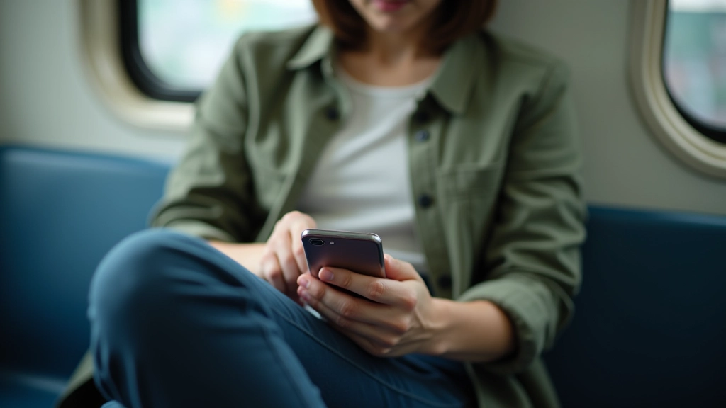 Mobile phone showing MTR app with balance and journey history, person sitting on train