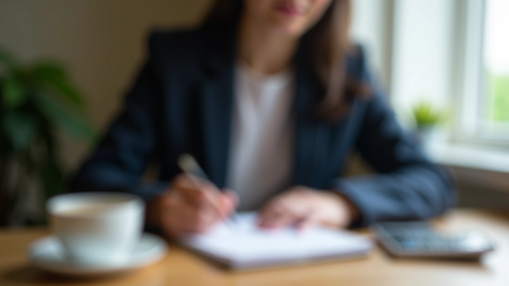 Person writing daily expenses in journal at wooden desk with coffee and calculator, morning light, natural setting, sharp focus