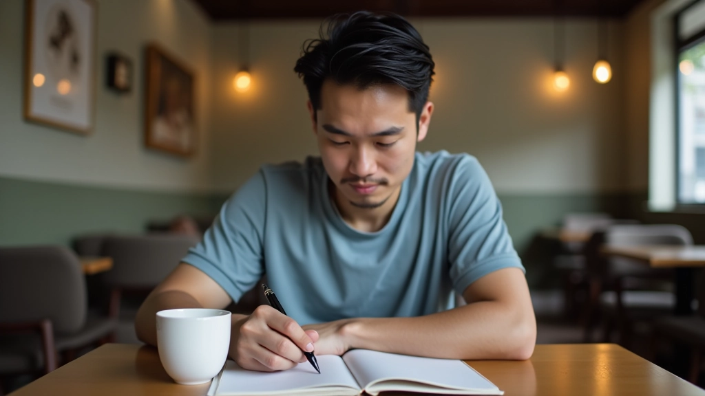 Person reviewing notebook of expenses with thoughtful expression at table with tea cup