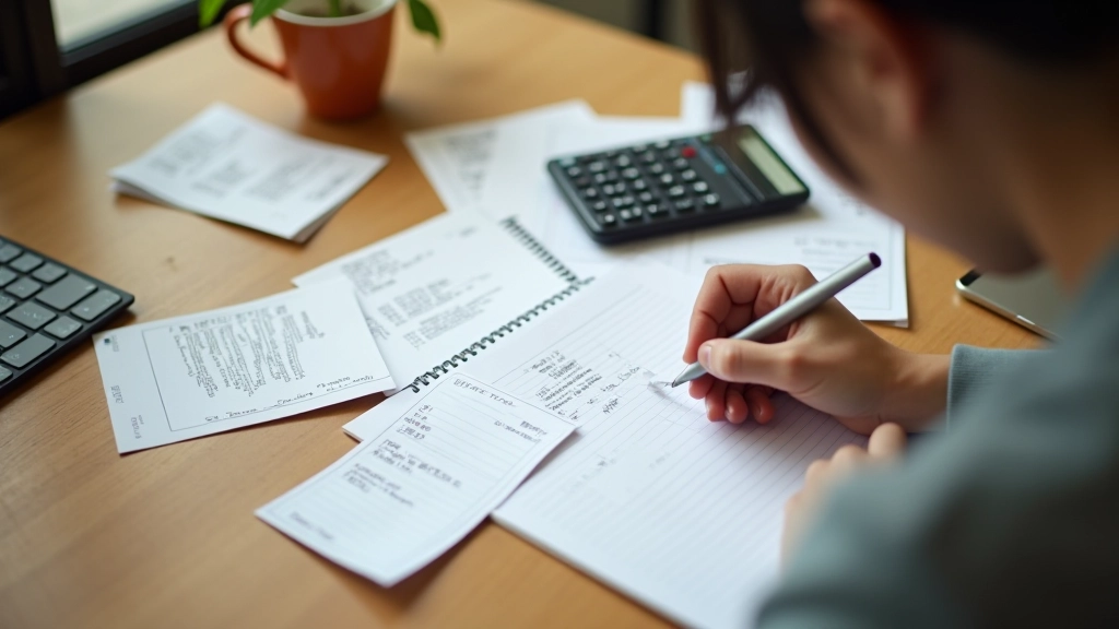 Hand writing expenses in notebook with calculator and receipts on desk