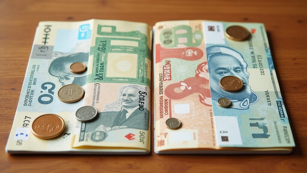 Hands holding cash coins and Octopus card on wooden table, side-by-side comparison