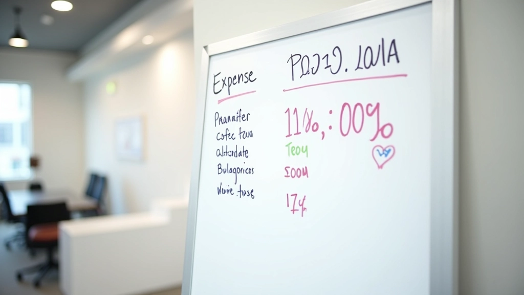 Expense categories written on whiteboard with markers, organized into columns and percentages